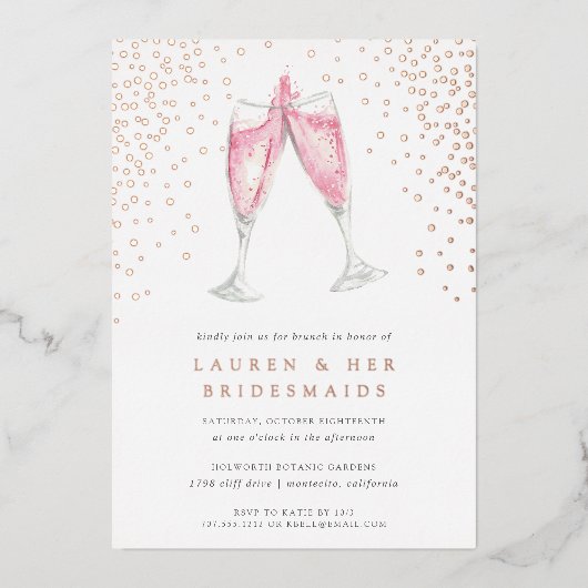 Roze Champagne | Bridesmaids Brunch Folie Uitnodiging (Voorkant)