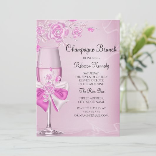Roze Champagne Brunch Uitnodiging (Staand voorkant)