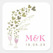 Roze champagne Cheers Floating Gold Hearts Wedding Vierkante Sticker (Voorkant)