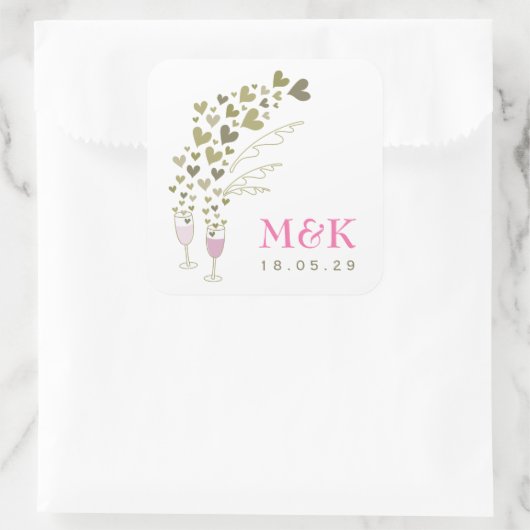 Roze champagne Cheers Floating Gold Hearts Wedding Vierkante Sticker (Tas)