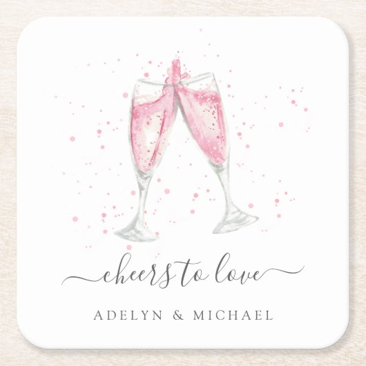 Roze champagne "Cheers to Love" Personalized Kartonnen Onderzetters (Voorkant)