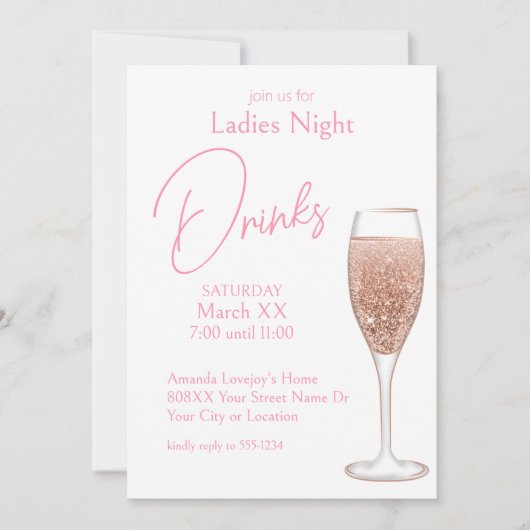 Roze Champagne Dames Nacht Drinken Kaart (Voorkant)