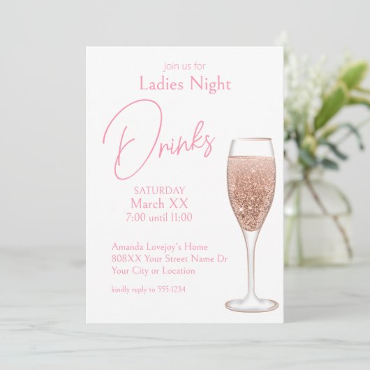 Roze Champagne Dames Nacht Drinken Kaart (Staand voorkant)