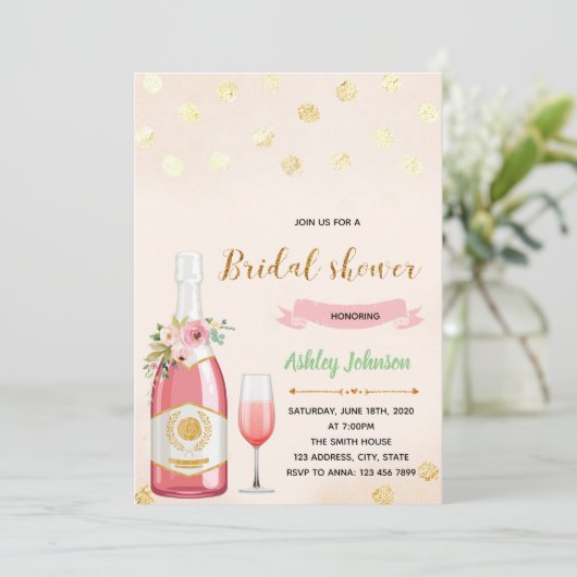 Roze champagne-douchethema uitnodiging (Staand voorkant)