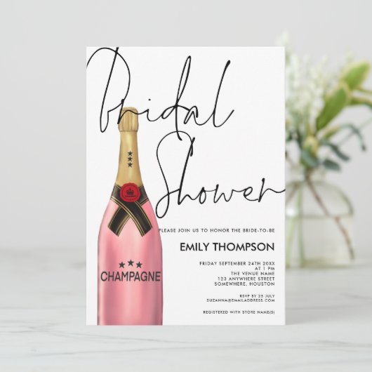Roze Champagne Flessenscript Wit Vrijgezellenfeest Kaart (Staand voorkant)