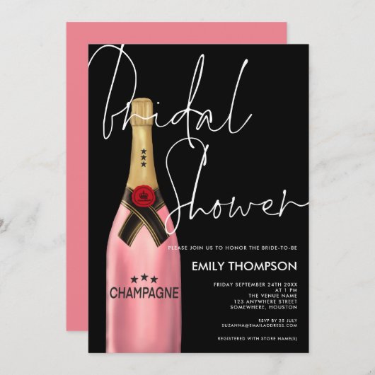 Roze Champagne Flessenscript Zwart Vrijgezellenfee Kaart (Voorkant / Achterkant)