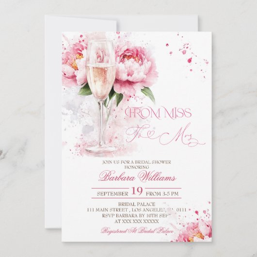 Roze Champagne Floral Vrijgezellenfeest Kaart (Voorkant)