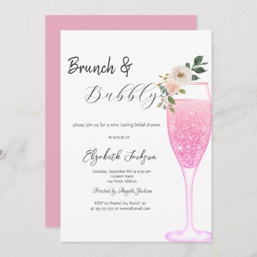 Roze Champagne Glas Bloem Brunch & Bubbly Kaart (Voorkant / Achterkant)