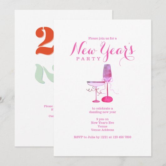 Roze Champagne glas New Years Eve Dinner Cocktail Kaart (Voorkant / Achterkant)