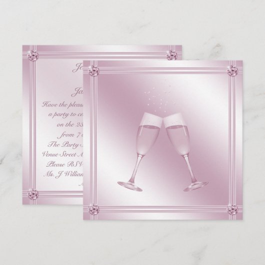 Roze Champagne Glasses & Diamonds Engagement Party Kaart (Voorkant / Achterkant)