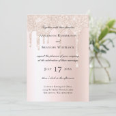 Roze Champagne Glitter Druppels Elegante Trouw Kaart (Staand voorkant)