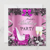 Roze champagne hoge hak zwarte kanten verjaardagsf kaart (Voorkant)