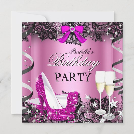 Roze champagne hoge hak zwarte kanten verjaardagsf kaart (Voorkant)