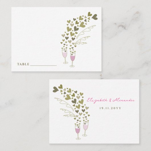 Roze champagne-kasten en gouden harten tijdens het plaatskaartje (Voorkant / Achterkant)