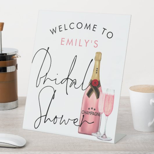 Roze Champagne Naam Welkom Vrijgezellenfeest wit Reclamebord Met Voetstuk (Insitu)