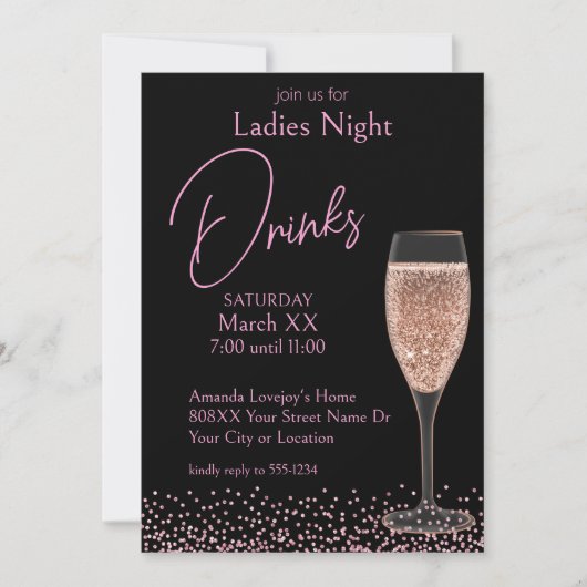 Roze Champagne op Black Ladies Night Drinken Kaart (Voorkant)