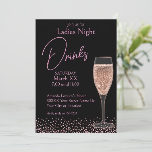 Roze Champagne op Black Ladies Night Drinken Kaart (Staand voorkant)