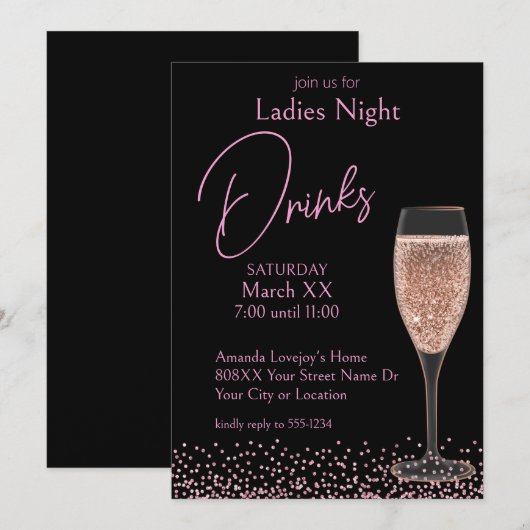 Roze Champagne op Black Ladies Night Drinken Kaart (Voorkant / Achterkant)