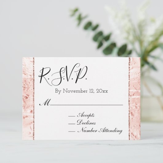 Roze Champagne Roos Glam Sparkle RSVP Informatiekaartje (Staand voorkant)