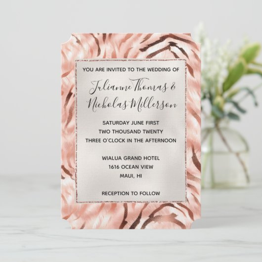 Roze Champagne Roos Parel Glam Zebra Bruiloft Kaart (Staand voorkant)