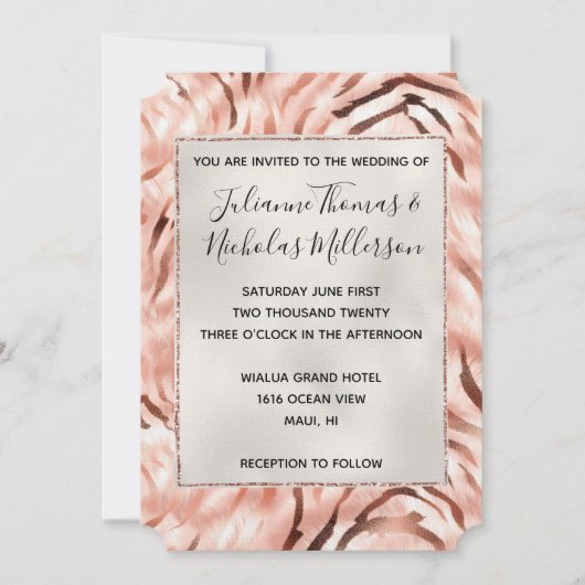 Roze Champagne Roos Parel Glam Zebra Bruiloft Kaart (Voorkant)