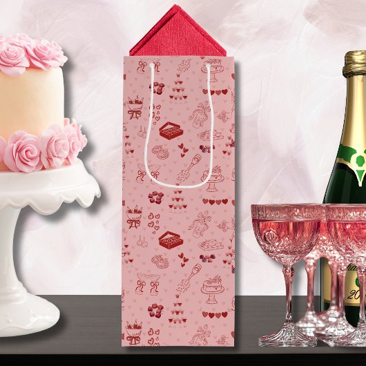 Roze Champagne Toren Galentine Doodle Patroon Wijn Cadeautas
