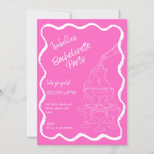 Roze Champagne Tower Hand getrokken vrijgezellenfe Kaart (Voorkant)