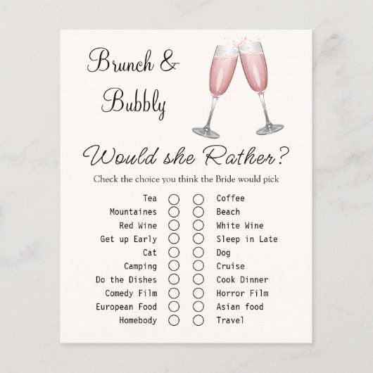 Roze Champagne Vrijgezellenfeest Game Kaart (Voorkant)