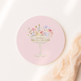 Roze champagne wilde bloemen bruiloftsborrel ronde sticker