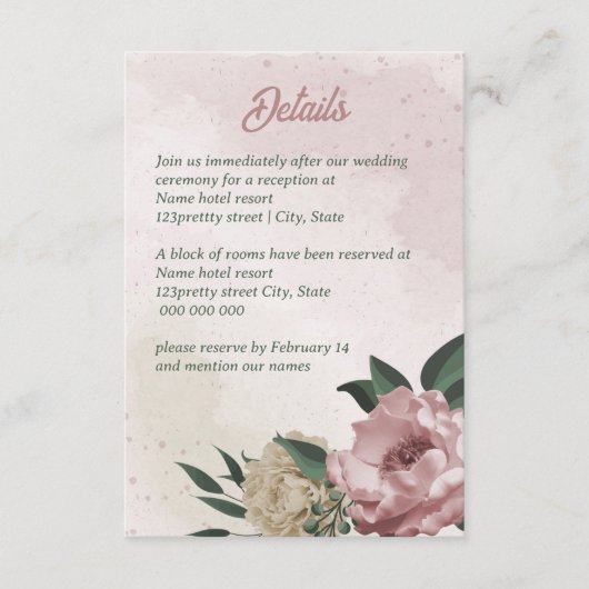 roze champagnebloemen bruiloft informatiekaartje (Voorkant)