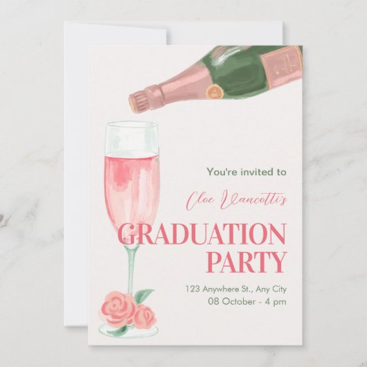 Roze champagnefles afstudeerfeest kaart (Voorkant)