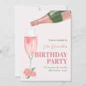 Roze champagnefles verjaardagsfeestje kaart (Voorkant)