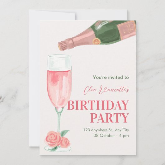 Roze champagnefles verjaardagsfeestje kaart (Voorkant)
