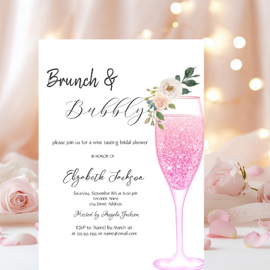 Roze champagneglas bloem brunch & bubbels kaart