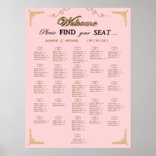 Roze Champagnetint Bruiloft Zitplaatsenkaart Poster (Voorkant)