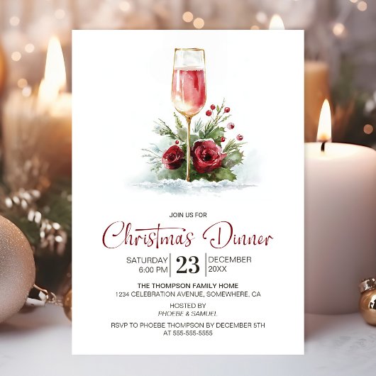 Roze Champaigne Kerst Dinner Kaart