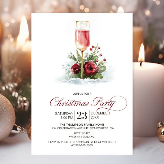 Roze Champaigne Kerstfeest Kaart
