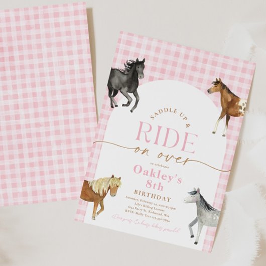Roze Check Paard Verjaardag Uitnodiging