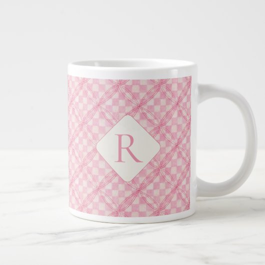 ROZE CHECK QUILT Grote witte Mok + Initiaal (Rechts)
