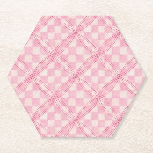 ROZE CHECK QUILT Hexagon Papier Onderzetters (Voorkant)