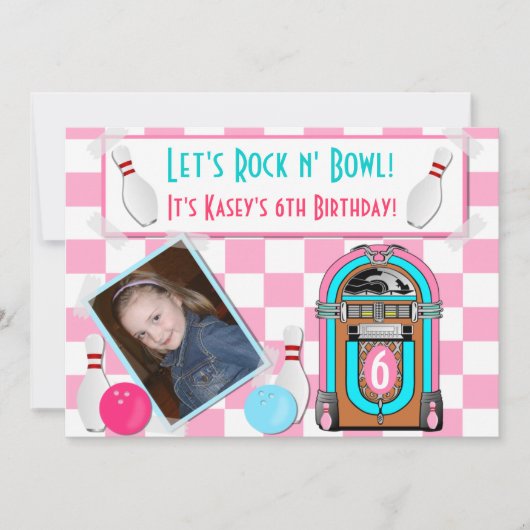 Roze checkbakkers en Bowl Bowling Birthday Party Kaart (Voorkant)