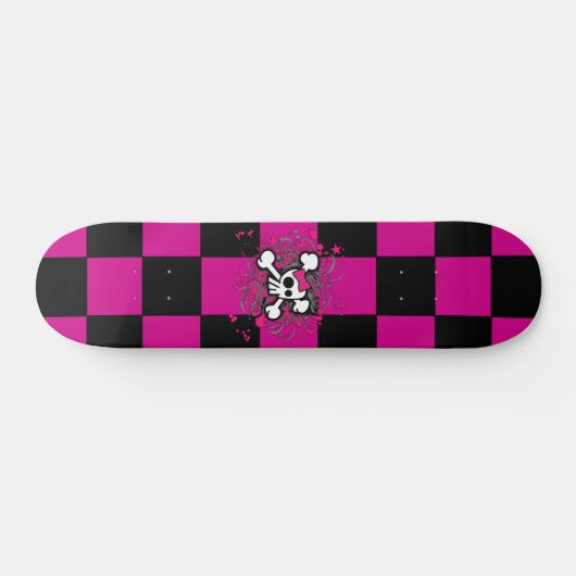 Roze Checker Girly Skull Skateboard (Horizontaal)