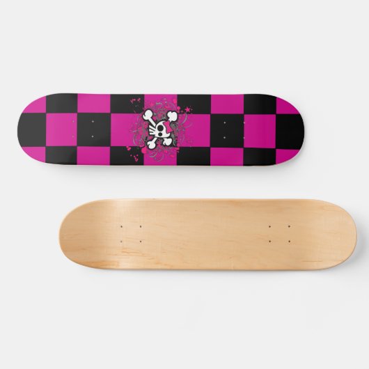 Roze Checker Girly Skull Skateboard (Horizontaal)