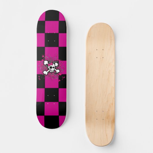 Roze Checker Girly Skull Skateboard (Voorkant)