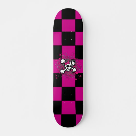 Roze Checker Girly Skull Skateboard (Voorkant)