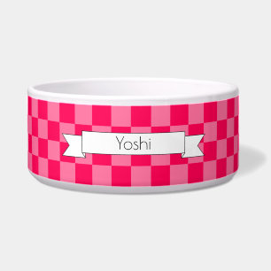Roze checker met naam - Ceramic Pet Bowl - HAMbWG Voerbakje