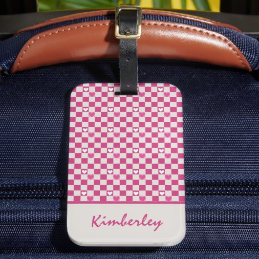 Roze Checkers & Harten Bagagelabel (Voorkant Insitu 2)