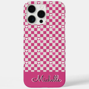 Roze Checkers & Harten iPhone 16 Pro Max Hoesje