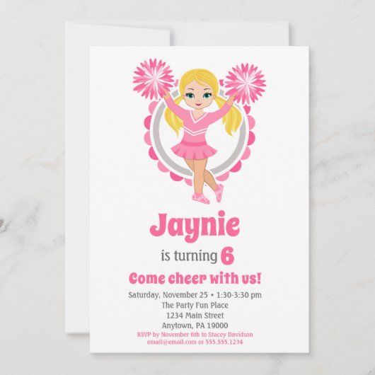 Roze Cheerleader - Blonde Girls Cheer Birthday Kaart (Voorkant)
