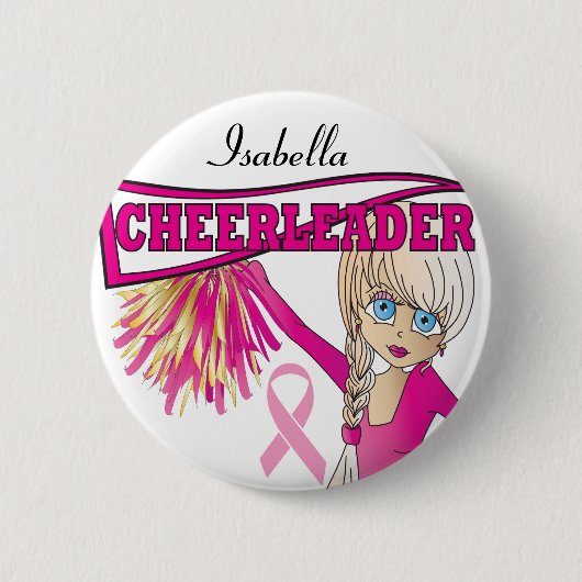 Roze Cheerleader Breast Cancer Support Button (Voorkant)